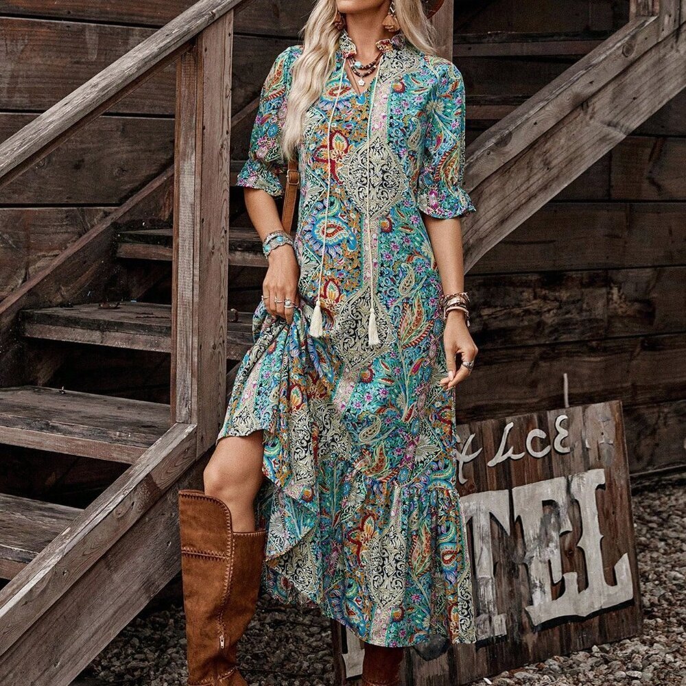 Multicolor Bohemian Women's Printed Mid-Sleeve Fringe Dress